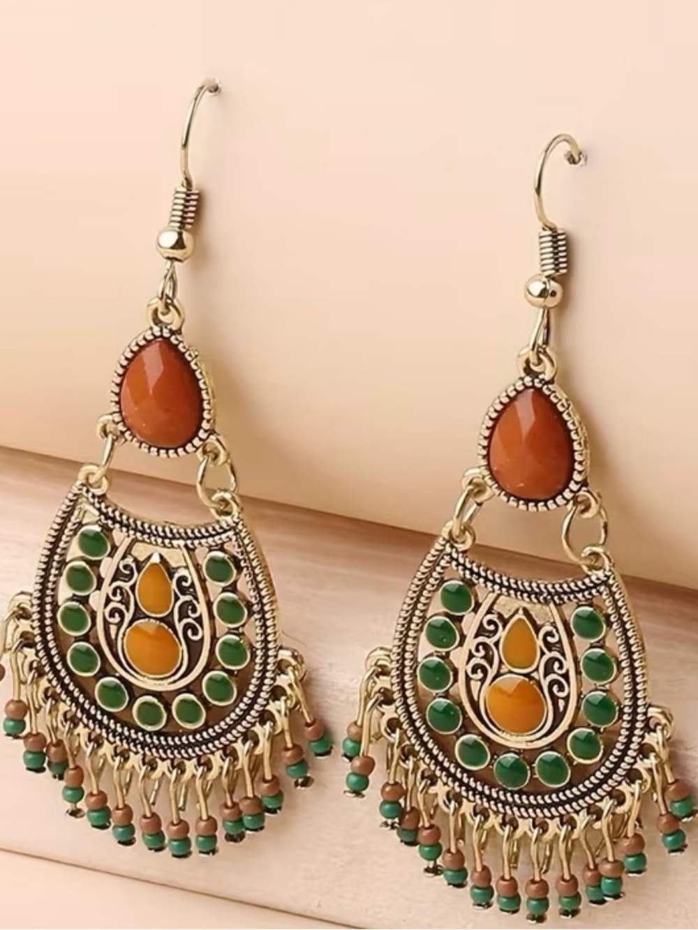 Boho Green & Amber Dangle Earrings